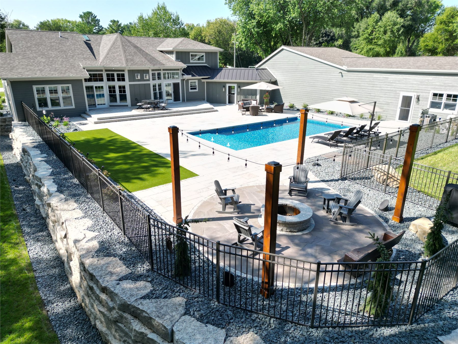 Aerial view of a completed pool and backyard retreat